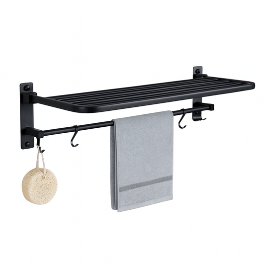 Wall-Mounted Iron Towel Rack – Foldable Bathroom Shelf with Hanging Bar for Towels & Accessories