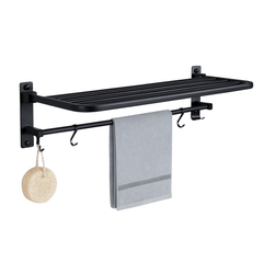 Wall-Mounted Iron Towel Rack – Foldable Bathroom Shelf with Hanging Bar for Towels & Accessories