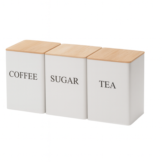 Metal Storage Box Set with Bamboo Lid – Coffee, Sugar & Tea Canister Set for Kitchen Counter Organization