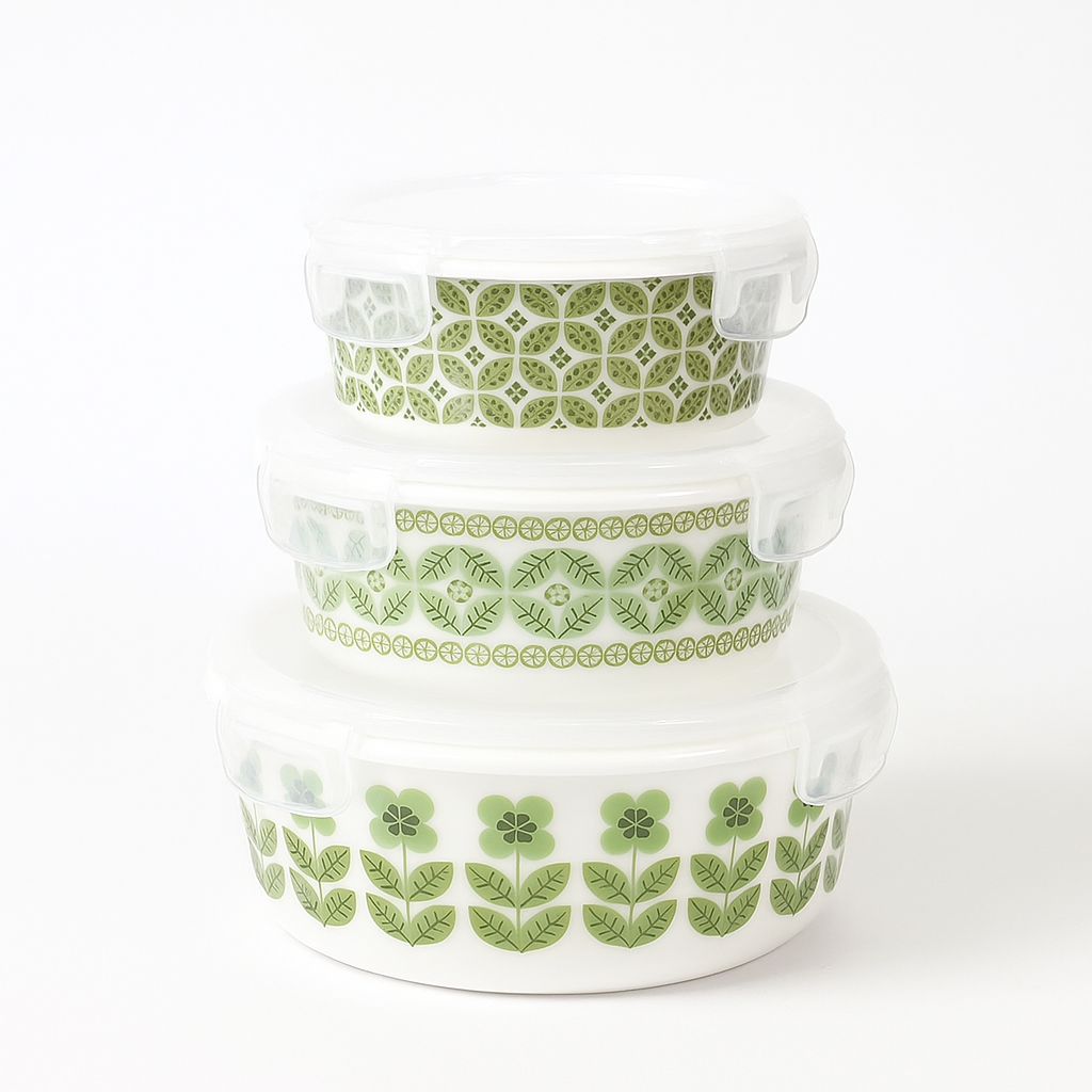 3-Piece Green Leaf Print Airtight Bowl Set – BPA-Free, Leakproof, Microwave Safe Food Storage Containers