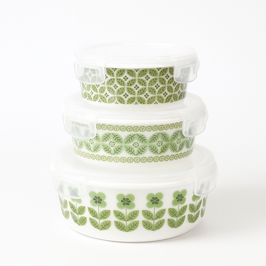 3-Piece Green Leaf Print Airtight Bowl Set – BPA-Free, Leakproof, Microwave Safe Food Storage Containers
