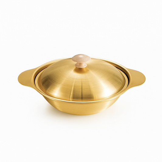 Golden Serving Bowl with Wooden Knob – Premium Brass-Finish Cook & Serve Dish (Available in 18 cm, 21 cm & 24 cm)