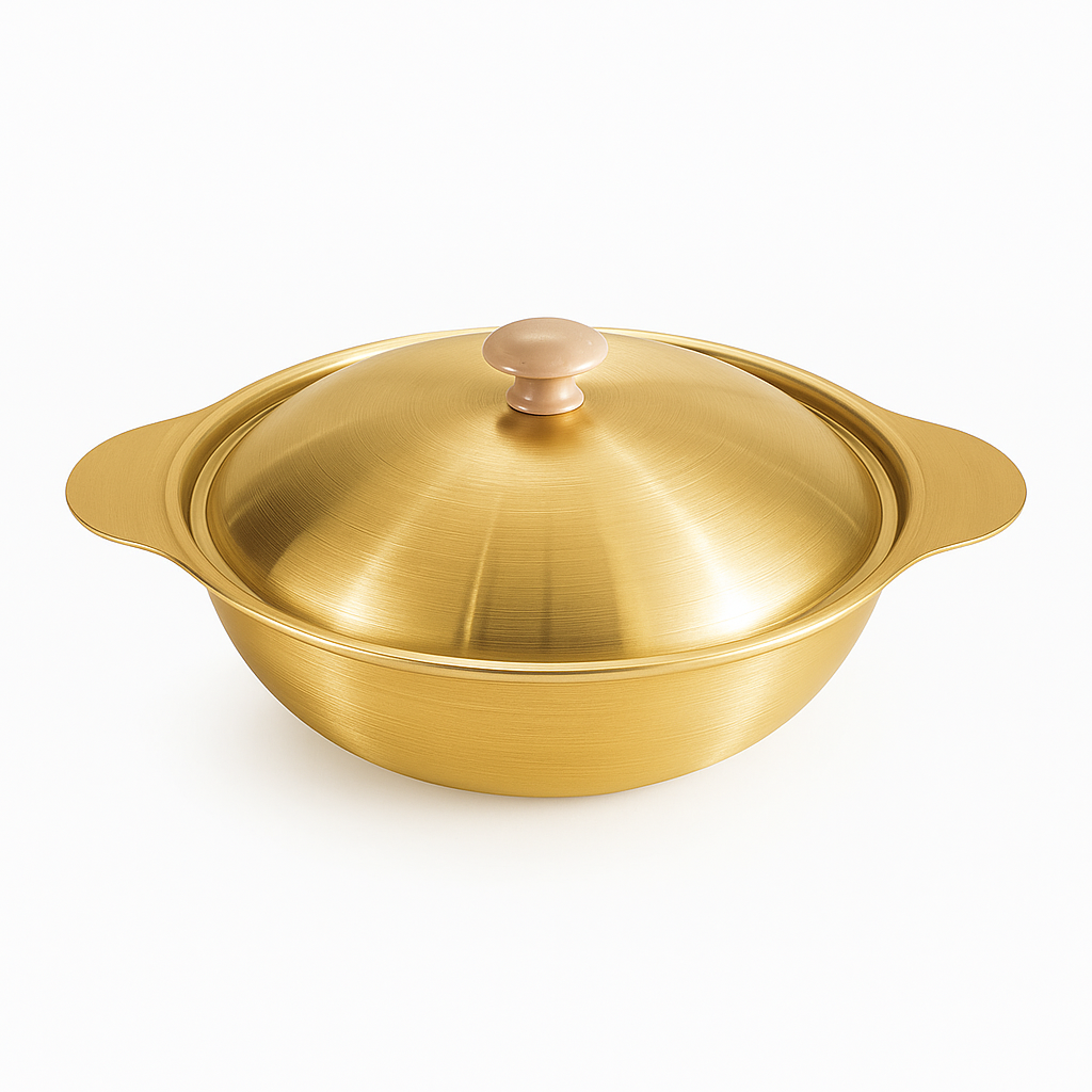 Golden Serving Bowl with Wooden Knob – Premium Brass-Finish Cook & Serve Dish (Available in 18 cm, 21 cm & 24 cm)