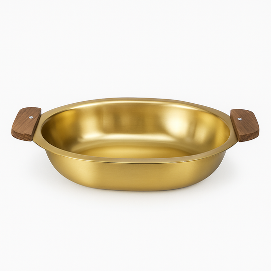Golden Stainless Steel Gravy Bowl with Wooden Handles | Luxury Gold Finish Serving Bowl