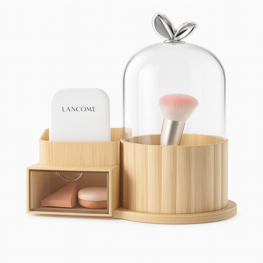 Rotating Cosmetic Brush Holder with Dust-Proof Cover & Storage Drawers – Makeup Organizer for Vanity & Dressing Table