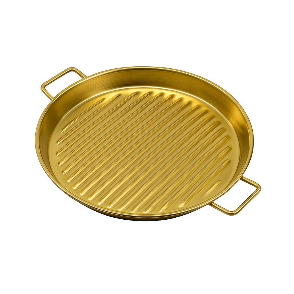 Golden Steak Style Platter – Ribbed Stainless Steel Grill Plate for Serving & Presentation (Available in 7.5 inch or 8.5 inch)
