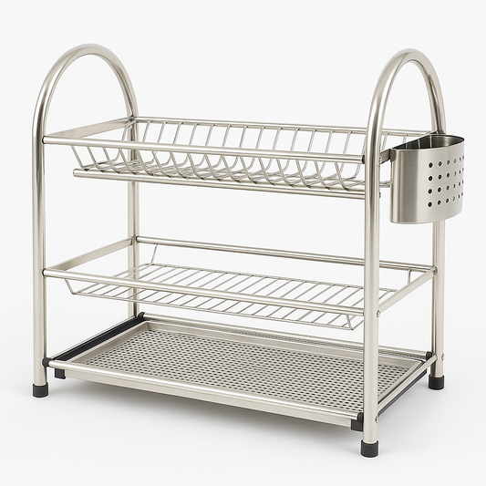 22-Inch Stainless Steel Three-Layer Plate Rack – Heavy-Duty Dish Drying Stand with Cutlery Holder & Drain Tray