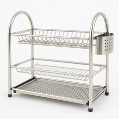 22-Inch Stainless Steel Three-Layer Plate Rack – Heavy-Duty Dish Drying Stand with Cutlery Holder & Drain Tray