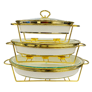 Luxury 3-Piece Round Buffet Dish Set in Black & White with Gold Stand – Elegant Chafing Server for Parties & Events - Habitt