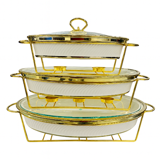 Luxury 3-Piece Round Buffet Dish Set in Black & White with Gold Stand – Elegant Chafing Server for Parties & Events