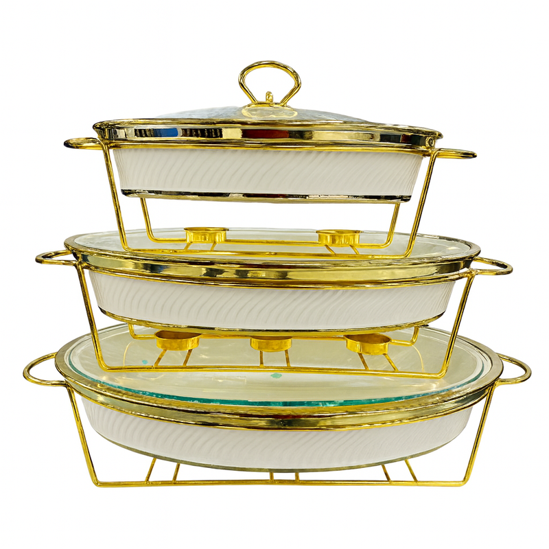 Luxury 3-Piece Round Buffet Dish Set in Black & White with Gold Stand – Elegant Chafing Server for Parties & Events - Habitt