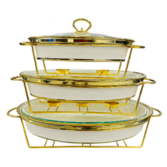 Luxury 3-Piece Round Buffet Dish Set in Black & White with Gold Stand – Elegant Chafing Server for Parties & Events