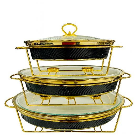 Luxury 3-Piece Round Buffet Dish Set in Black & White with Gold Stand – Elegant Chafing Server for Parties & Events