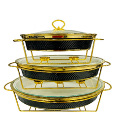 Luxury 3-Piece Round Buffet Dish Set in Black & White with Gold Stand – Elegant Chafing Server for Parties & Events