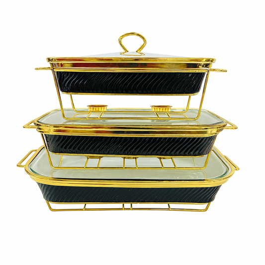 Luxury 3-Piece Black Square Buffet Dish Set with Golden Frame – Elegant Chafing Server for Parties & Events