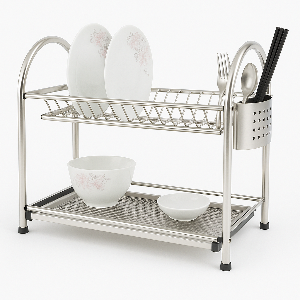 21-Inch Stainless Steel Double-Layer Plate Rack – Modern Dish Drying Stand with Cutlery Holder & Drain Tray