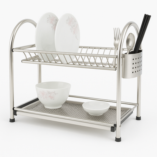 21-Inch Stainless Steel Double-Layer Plate Rack – Modern Dish Drying Stand with Cutlery Holder & Drain Tray