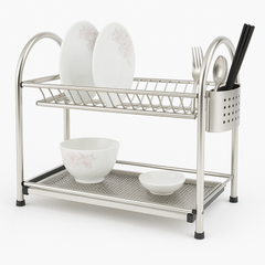 21-Inch Stainless Steel Double-Layer Plate Rack – Modern Dish Drying Stand with Cutlery Holder & Drain Tray