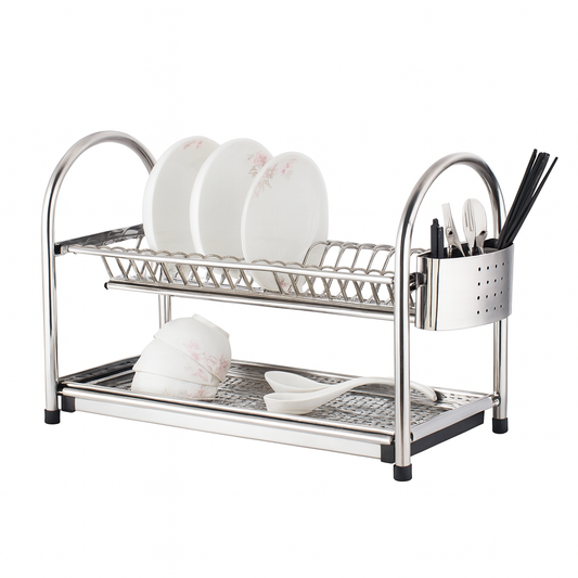 21-Inch Stainless Steel Double-Layer Plate Rack – Compact Dish Drying Stand with Cutlery Holder & Drain Tray
