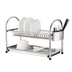 21-Inch Stainless Steel Double-Layer Plate Rack – Compact Dish Drying Stand with Cutlery Holder & Drain Tray