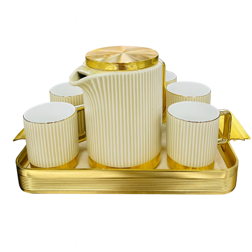 Elegant Ceramic Tea Set with Golden Tray – Luxury 7-Piece Tea & Coffee Serving Set for Home and Gifting