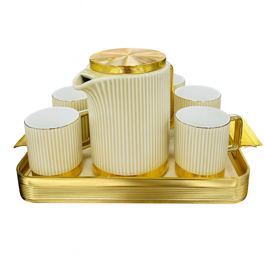 Elegant Ceramic Tea Set with Golden Tray – Luxury 7-Piece Tea & Coffee Serving Set for Home and Gifting