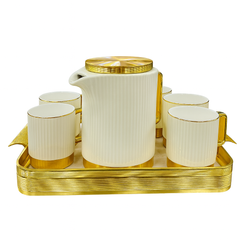 Elegant Ceramic Tea Set with Golden Round Tray – Luxury 7-Piece Tea & Coffee Set for Home, Office & Gifting
