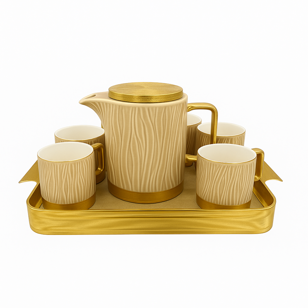 Elegant Ceramic Tea Set with Golden Tray – Luxury 7-Piece Tea & Coffee Set in Beige & Gold or Pink & Gold