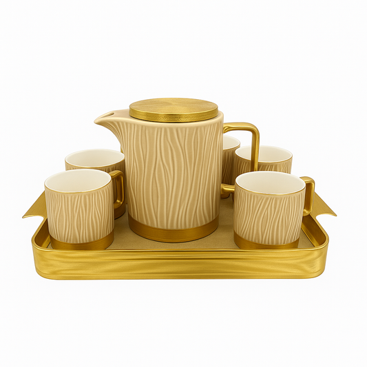 Elegant Ceramic Tea Set with Golden Tray – Luxury 7-Piece Tea & Coffee Set in Beige & Gold or Pink & Gold