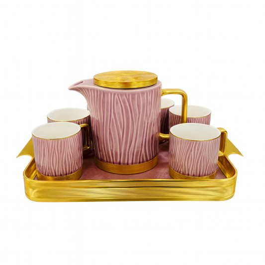 Elegant Ceramic Tea Set with Golden Tray – Luxury 7-Piece Tea & Coffee Set in Beige & Gold or Pink & Gold