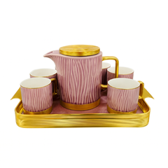 Elegant Ceramic Tea Set with Golden Tray – Luxury 7-Piece Tea & Coffee Set in Beige & Gold or Pink & Gold