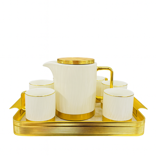 Elegant Ceramic Tea Set with Golden Tray – Luxury 7-Piece Tea & Coffee Set in Black, Pink & Beige Variants