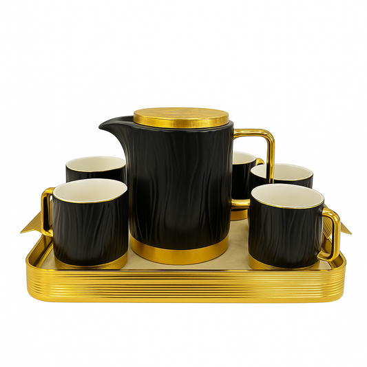 Elegant Ceramic Tea Set with Golden Tray – Luxury 7-Piece Tea & Coffee Set in Black, Pink & Beige Variants