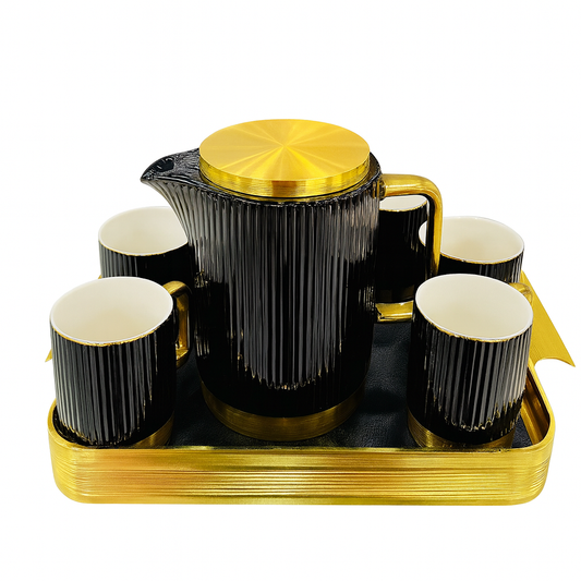 Stylish Ceramic Tea Set with Golden Tray – Luxury 7-Piece Tea & Coffee Set in Beige & Black
