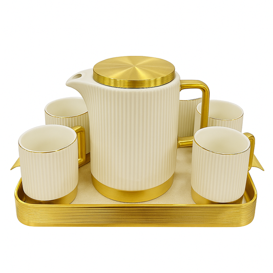 Stylish Ceramic Tea Set with Golden Tray – Luxury 7-Piece Tea & Coffee Set in Beige & Black