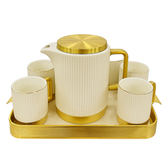 Stylish Ceramic Tea Set with Golden Tray – Luxury 7-Piece Tea & Coffee Set in Beige & Black