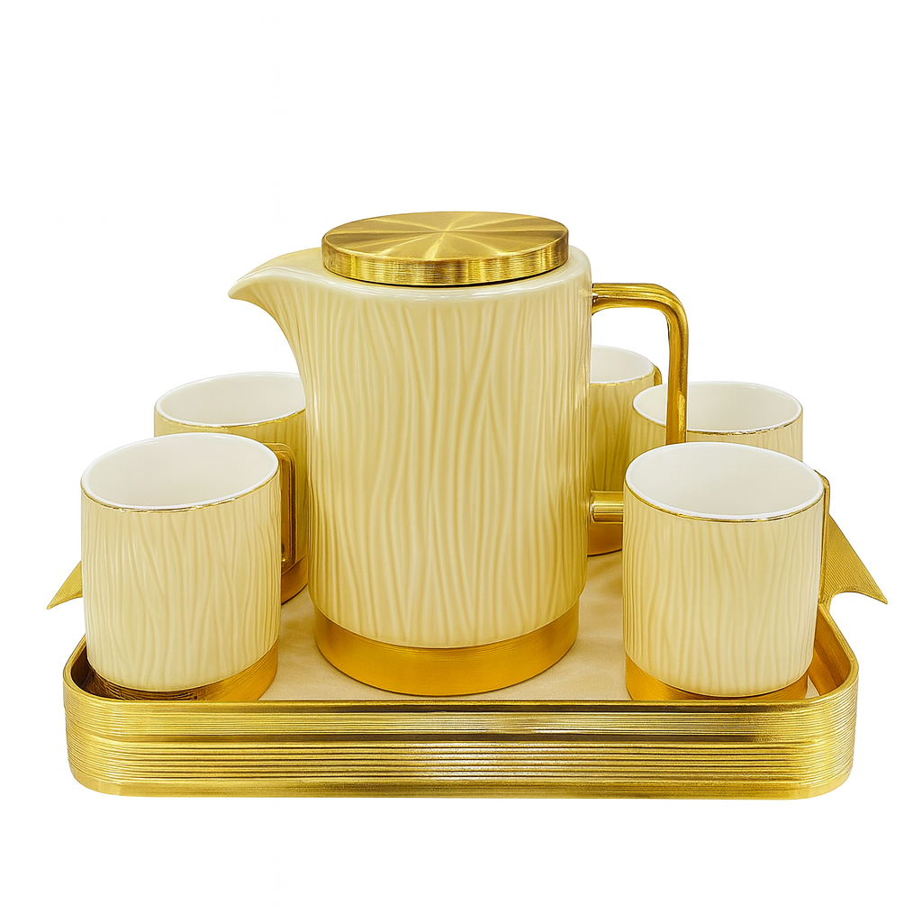 Stylish Golden Ceramic Tea Set with Golden Tray – Luxury 7-Piece Tea & Coffee Set for Elegant Serving