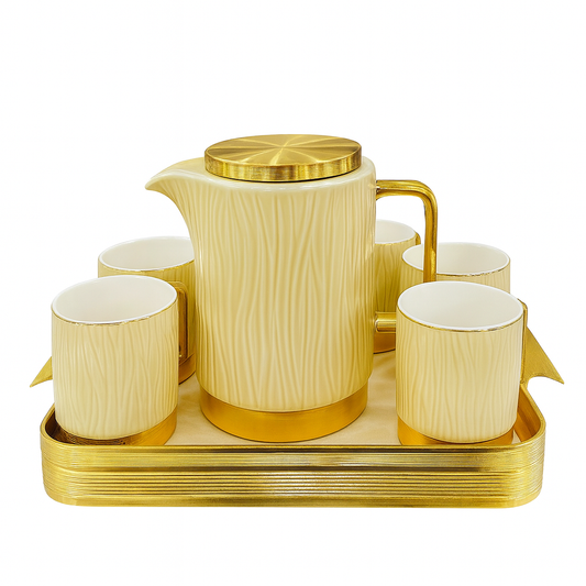 Stylish Golden Ceramic Tea Set with Golden Tray – Luxury 7-Piece Tea & Coffee Set for Elegant Serving