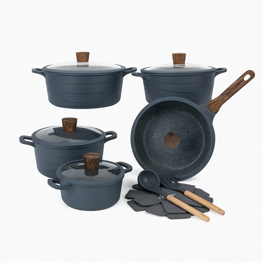 12-Piece Non-Stick Cookware Set – Grey & Beige | Premium Induction Base Pots and Pans with Lids &a Utensils