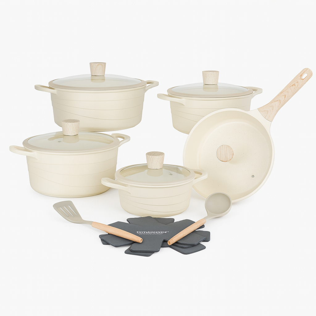 12-Piece Non-Stick Cookware Set – Grey & Beige | Premium Induction Base Pots and Pans with Lids &a Utensils