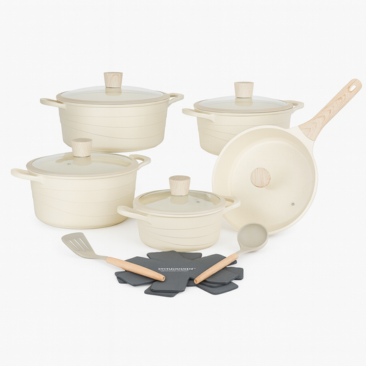 12-Piece Non-Stick Cookware Set – Grey & Beige | Premium Induction Base Pots and Pans with Lids &a Utensils