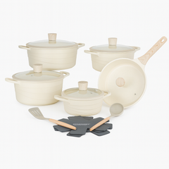 12-Piece Non-Stick Cookware Set – Grey & Beige | Premium Induction Base Pots and Pans with Lids &a Utensils