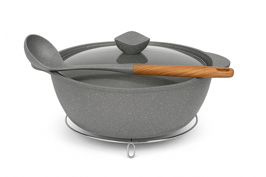 Kung Fu Master Non-Stick Cooking Pot with Induction Plate, Iron Stand & Spoon – Available in 24cm, 28cm, 32cm & 36cm