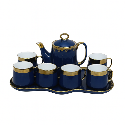 8-Piece Elegant Ceramic Tea Set with Tray – Available in Blue & Black | Luxury Gold-Trimmed Design
