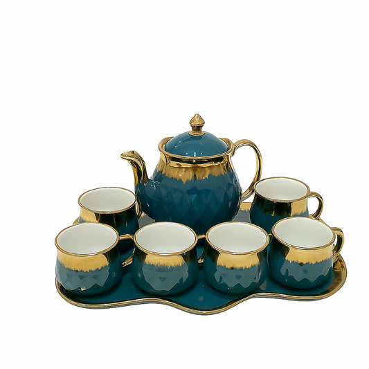 8-Piece Luxury Tea Set with Tray – Available in Blue & Green | Elegant Ceramic Tea Set for Serving
