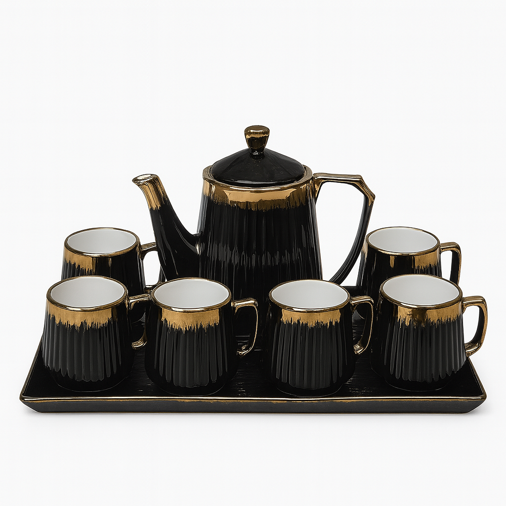 8-Piece Premium Ceramic Tea Set with Tray – Available in Blue, Green & Black | Gold-Trimmed Luxury Design