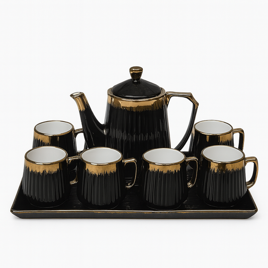 8-Piece Premium Ceramic Tea Set with Tray – Available in Blue, Green & Black | Gold-Trimmed Luxury Design
