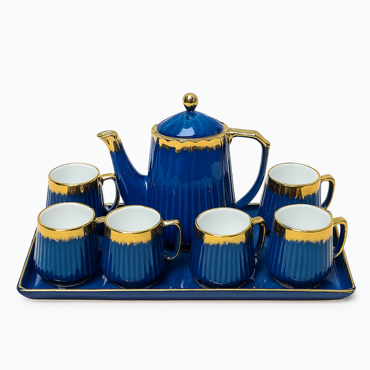 8-Piece Premium Ceramic Tea Set with Tray – Available in Blue, Green & Black | Gold-Trimmed Luxury Design
