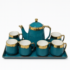 8-Piece Premium Ceramic Tea Set with Tray – Available in Blue, Green & Black | Gold-Trimmed Luxury Design