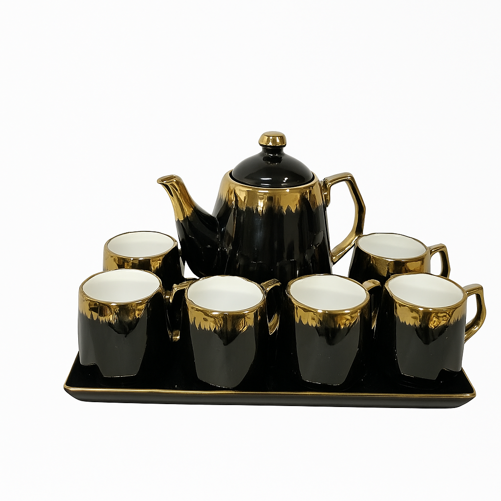 8-Piece Deluxe Ceramic Tea Set with Tray – Available in Blue, Green & Black | Gold-Rimmed Elegant Design